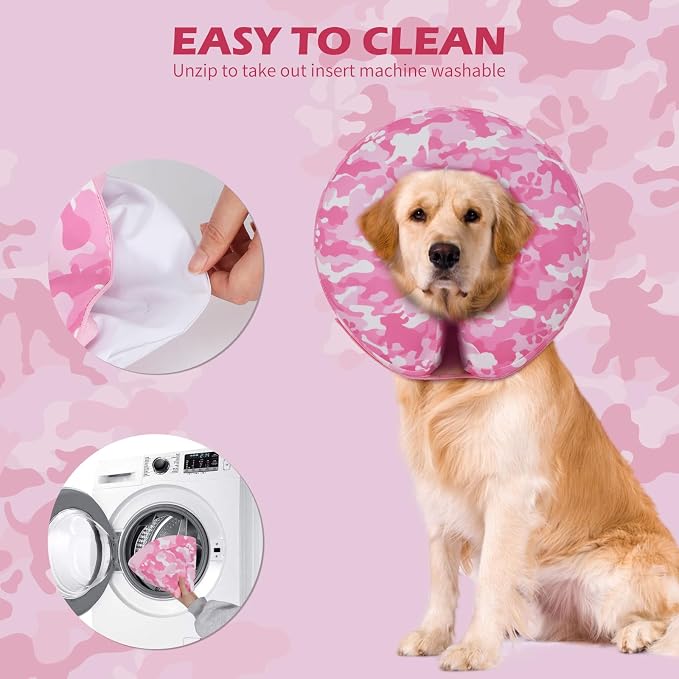 IEUUMLER Inflatable Recovery Dog Cone Collar, Neck Donut Protective ECollar, Adjustable Soft Collar for Dog and Cat After Surgery Prevent from Biting & Licking EU020 Pink Camo L+