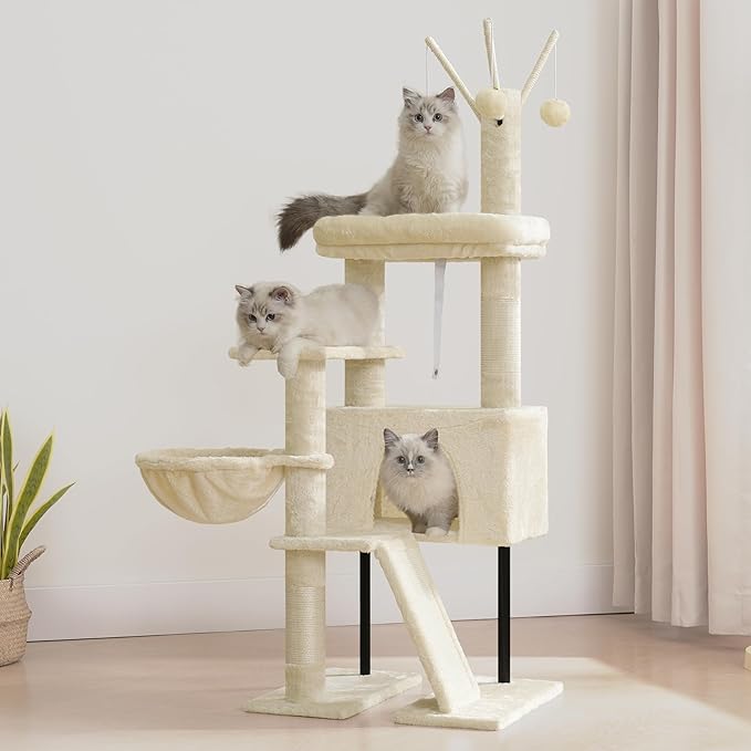 Gitelsnour Cat Tree for Indoor Cats, Cat Tower with Scratching Post for Small Cats and Kittens, Cat House with Removable Top Platform and Fluffy Balls, Hanging Cat Basket, Beige GCT006SM