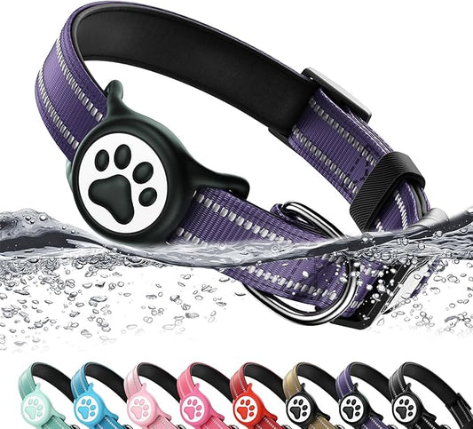 Airtag Dog Collar, Reflective Ultra-Durable Nylon Padded with QR Code Buckle & IP68 Waterproof Air Tag Holder Compatible for Apple AirTag, Comfortable for Small Medium Large Dogs(Purple,S)