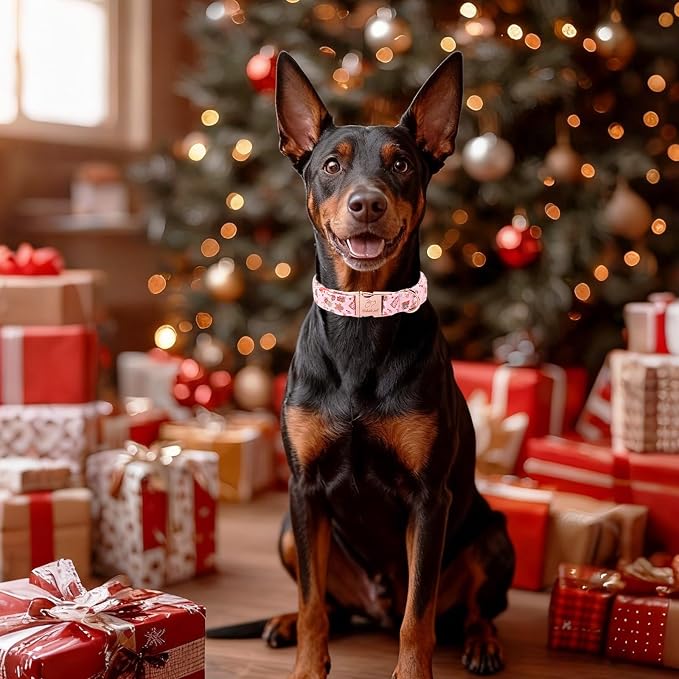 Christmas Dog Collar for Large Dogs - Cute Pink Christmas Collars for Dogs, Sweet Festive Winter Heavy-Duty Adjustable Dog Collars with Metal Buckle L
