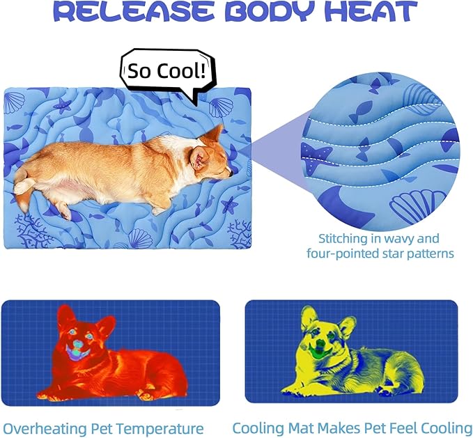 PAWCHIE Summer Dog Cooling Mat, Reversible Self-Cooling Mat for Small Medium Dogs, Washable Pet Ice Cool Pad Blanket, Pet Sleeping Pad for Crate,Bed,Indoor & Outdoor Floor,Car Seats, Blue 36'' x 23''