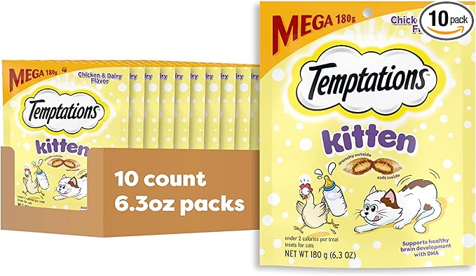 Temptations Kitten Treats Classic Crunchy and Soft Cat Treats, Chicken and Dairy Flavor, 6.3 oz. Pouch (Pack of 10)