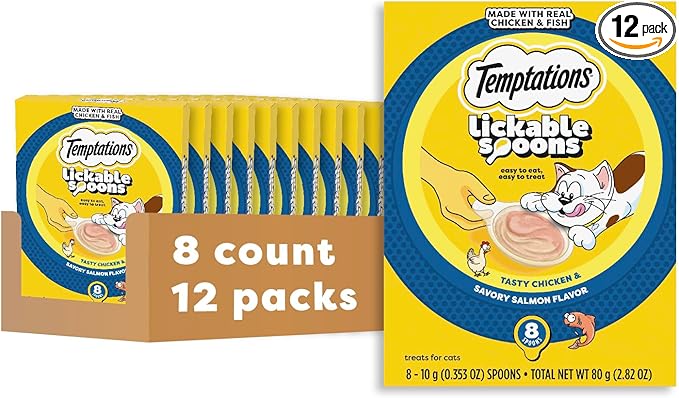 Temptations Lickable Spoons, Soft Lickable Cat Treats, Adult Wet Cat Treats, Tasty Chicken and Savory Salmon Flavor, 8 Spoons, Pack of 12 (96 Total)
