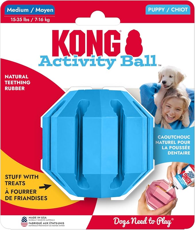 KONG Puppy Activity Ball - Soft & Durable Natural Puppy Rubber Dog Toy - Chew Toy for Teething Puppies - Eases Aching Teeth & Gums - for Medium Puppies - Blue