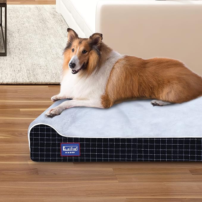 Laifug Orthopedic Dog Beds for Large Dogs,7" Memory Foam Dog Beds,Durable Water Proof Liner Removable and Washable, Nonskid Bottom, Black Grid Grey 50"x36"x7"