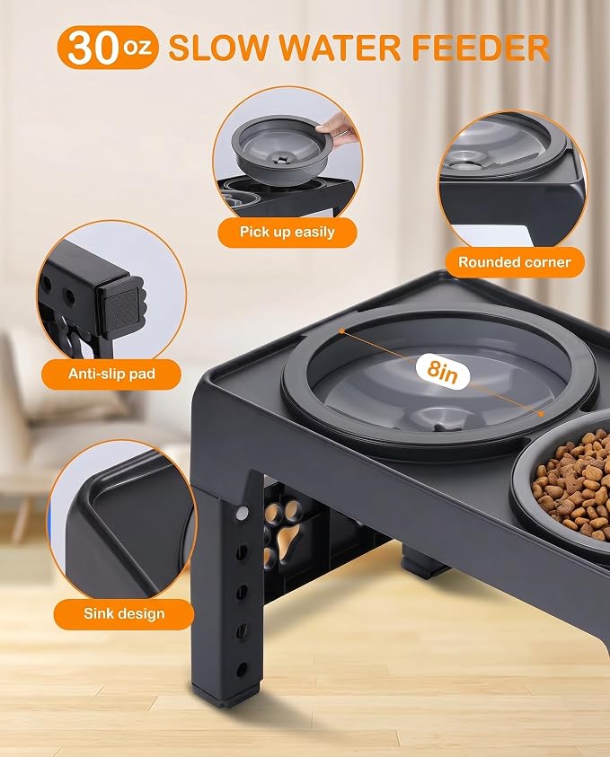 LALOBLUE Elevated Dog Bowls, Raised Dog Bowl with 2 Stainless Steel Dog Food Bowls, Dog Bowls Stand Adjusts to 5 Heights 2.95", 8.46", 9.65", 10.82", 12.01" for Small Medium Large Dogs Cats Pets,Black