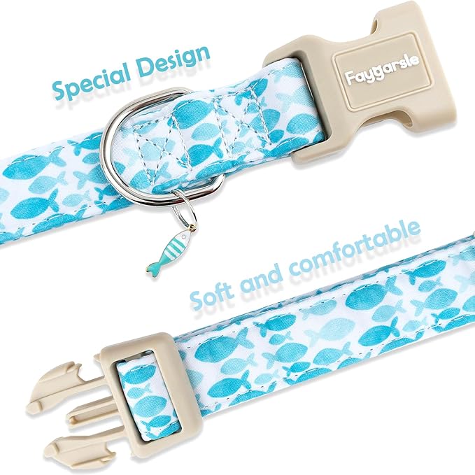Faygarsle Fish Pattern Dog Collar, Adjustable with Buckle, Blue and White, Summer Design for Small Medium Large Dogs L