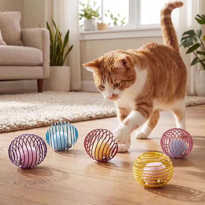 Jecery 5 Pcs Cat Spring Toys Stretchable Rolling Balls Colorful Playful Coils Interactive Action Toy Caged Rats for Kitten Pet Supplies (Pom-pom with Bell,Multicolor)