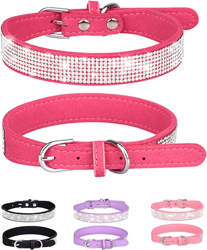 Dog Collar for Small Dogs, Adjustable Leather Suede Bling Dog Collars，Rose Red Dog Collar Cat Collar, Rhinestone Dog Collar (S, Rose red)