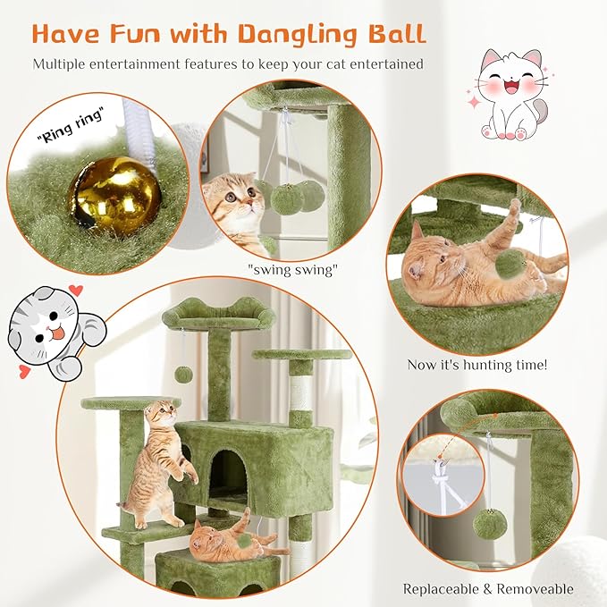 Sweetcrispy 54 Inch Cats Tree Tower, Multi-Level with Cat Scratching Post, Indoor Cat Condo with Climbing Ladder, Plush Toy, Play House for Cats, Green