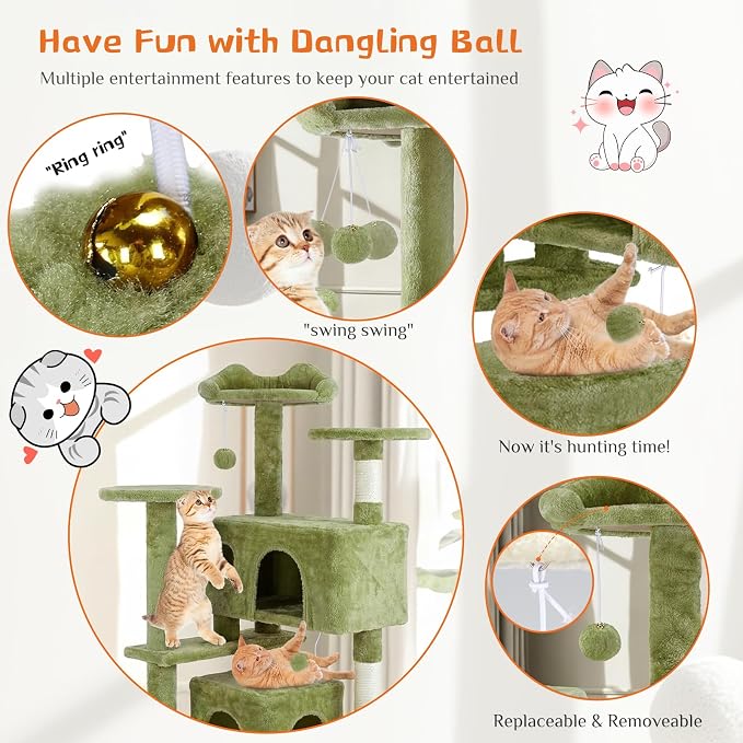 DUMOS 54 Inch Cat Tree Tower, Indoor Multi-Level Pet House for Large Cats Tree with 2 Condos, Scratching Posts, Round Platform, Small Ladder, and Toys, Green