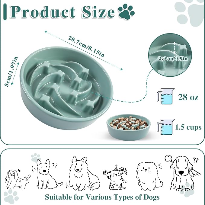 Ceramic Slow Feeder Dog Bowls, 1.5 Cups Dog Food Dish for Medium and Large Breed, Puzzle Dog Food Bowl for Fast Eater, 28OZ, 8.15 inch(Light Green)