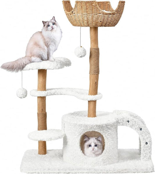 Easyego Modern Cat Tree, 45.6" Aesthetic Wood Cat Tree Tower for Large Cats, Luxury Cat Condo with Scratching Posts and Flower Platforms, Cat Furniture, White