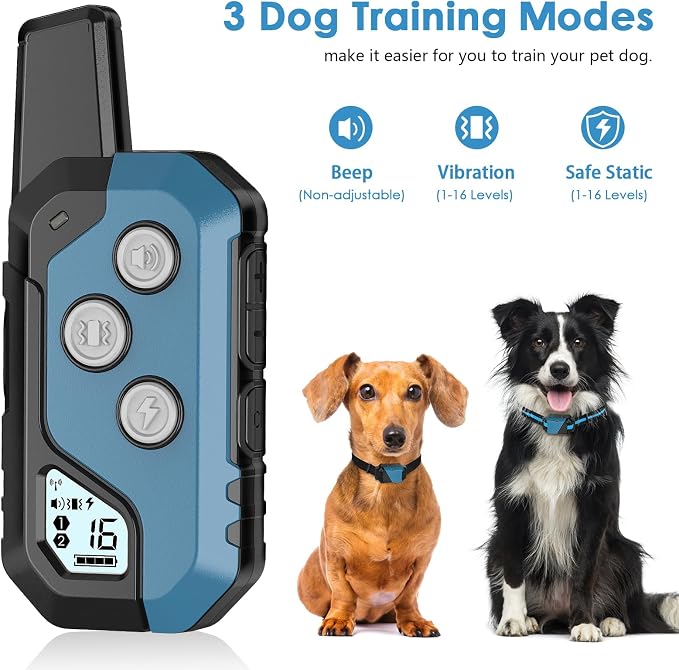 Shock Collar for Dogs, Dog Training Collar with Remote Control for 2 Dogs, 3 Training Modes with Beep, Vibration and Satic, Waterproof, Rechargeable for Large Medium
