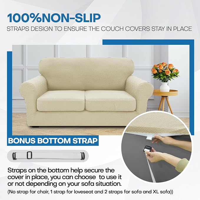 XINEAGE New 4 Pieces Extra Large Couch Covers for 3 Cushion Sofa Super Stretch Sofa Cover for 3 Large Seat Cushion Universal Slip Cover for Living Room (Light Beige), 91"-110"(3 Cushions)