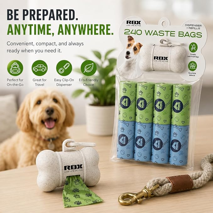 RBX Dog Poop Bags Rolls with Holder for Leash, 240 Poop Bags for Dogs with Clip-On Dispenser, Durable Leak-Proof Waste Bags, 16 Refill Rolls, Recyclable Material