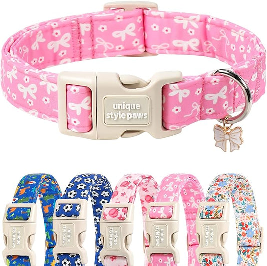Unique style paws Dog Collar Plastic Buckle with Pendant Puppy Collar for Spring Summer Pink Flower Bow for Small Medium Large Boys Girls Dogs
