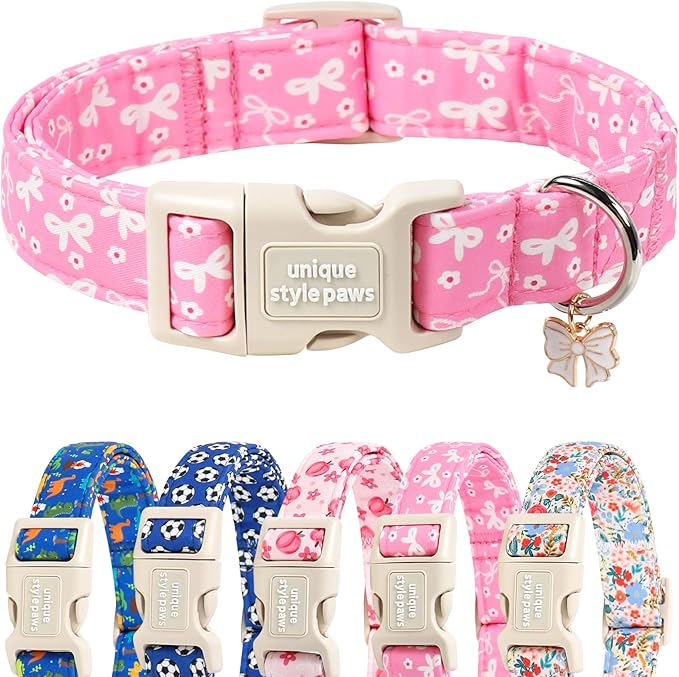 Unique style paws Dog Collar Plastic Buckle with Pendant Puppy Collar for Spring Summer Pink Flower Bow for Small Medium Large Boys Girls Dogs