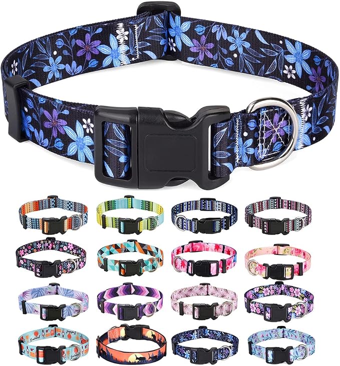 Mihqy Dog Collar with Bohemia Floral Tribal Geometric Patterns - Soft Ethnic Style Collar Adjustable for Small Medium Large Dogs(Floral Blue,S)