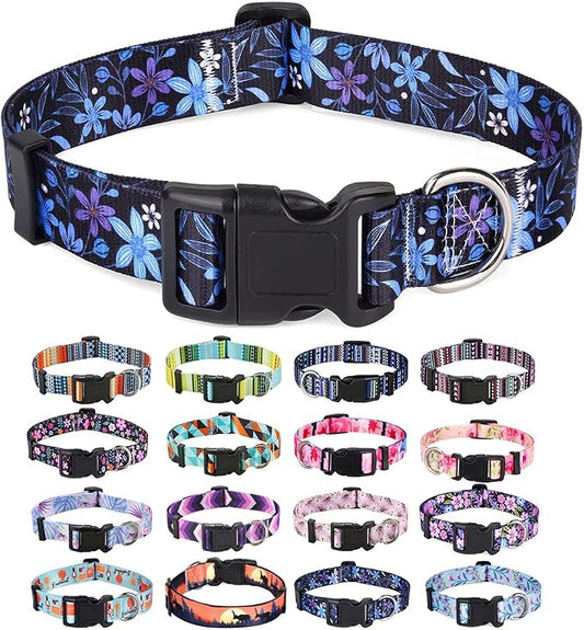 Mihqy Dog Collar with Bohemia Floral Tribal Geometric Patterns - Soft Ethnic Style Collar Adjustable for Small Medium Large Dogs(Floral Blue,S)