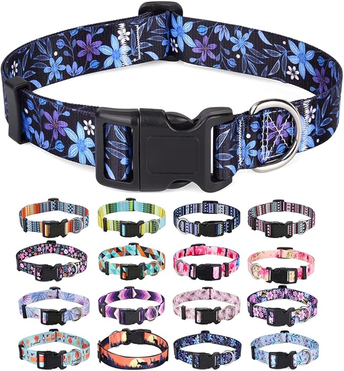 Mihqy Dog Collar with Bohemia Floral Tribal Geometric Patterns - Soft Ethnic Style Collar Adjustable for Small Medium Large Dogs(Floral Blue,XS)
