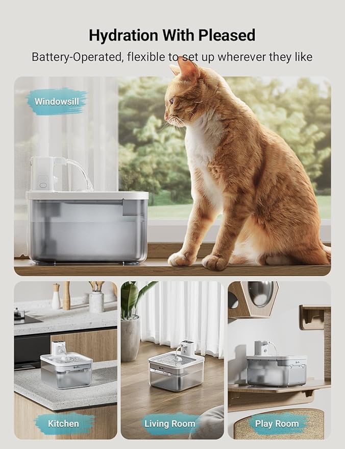 DownyPaws Cat Water Fountain Cordless, 84oz/2.5L Fursink Wireless Pet Water Fountains for Cats Indoor, Battery Operated Cat Drinking Fountain with Motion Sensor, Ultra Quiet Pump, BPA-Free, White