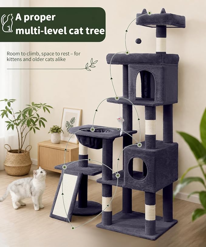 68 Inches Heavy Duty Cat Tree for Indoor Cat, Big Cat Tower with Sisal Scratching Posts and Top Perch, Large Platform for Adult Cats, PMT02DG, Dark Grey
