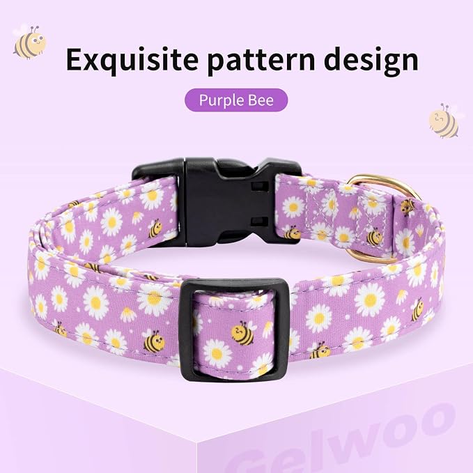 Cotton Dog Collar,Soft and Cute Puppy Collars with Bee Patterned Design for Girl Female Boy Dogs,Adjustable Buckle Pet Collar for Small Medium Large Dogs (Purple Bee, Medium)