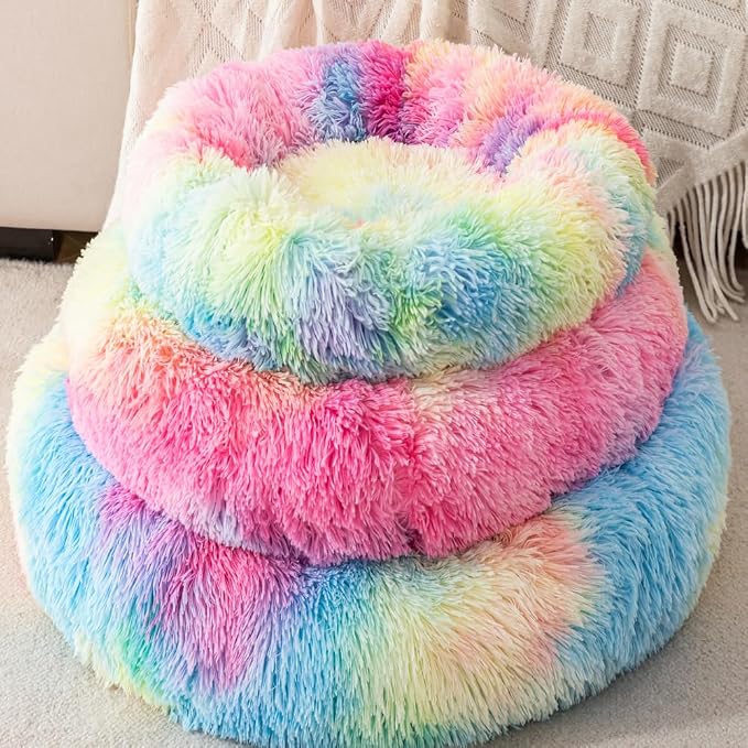 Small Cat Bed Nest Bed Dog Bed Round Bed Donut Rabbit Bed Pet Bed Small Kitten Bed Warm Fluffy Donut Bed Furry Cat for 3Kg Pet