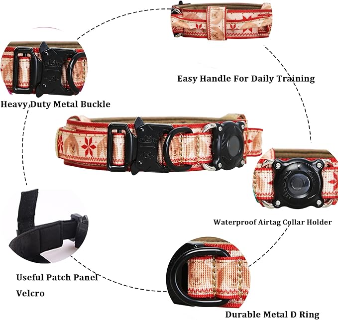 Christmas Tactical Dog Collar with Airtag Holder Waterproof Dog Airtag Collar with Control Handle Adjustable Heavy Duty Dog Collars(Christmas Red，L
