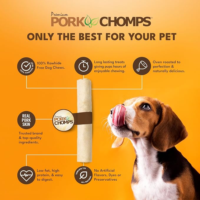 Pork Chomps Baked Pork Skin Dog Chew, 8 Inch Roll, 1 Count - Long-Lasting Treats for Dogs - High Protein, Rawhide-Free, Low Fat, Healthy & Delicious Chews