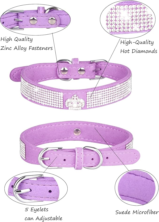 Dog Collar for Small Dogs, Adjustable Leather Suede Bling Dog Collars，Pink Dog Collar Cat Collar, Rhinestone Dog Collar (S, purple3)
