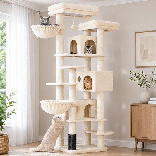 Hey-brother Cat Tree, 74 inches Multi-Level XL Large Cat Tower for Indoor Cats with Three Cat Condos, Two Large Top Decks and Cat Hairbrushfor Kittens, Cats and Pets, Beige MPJ035-MM