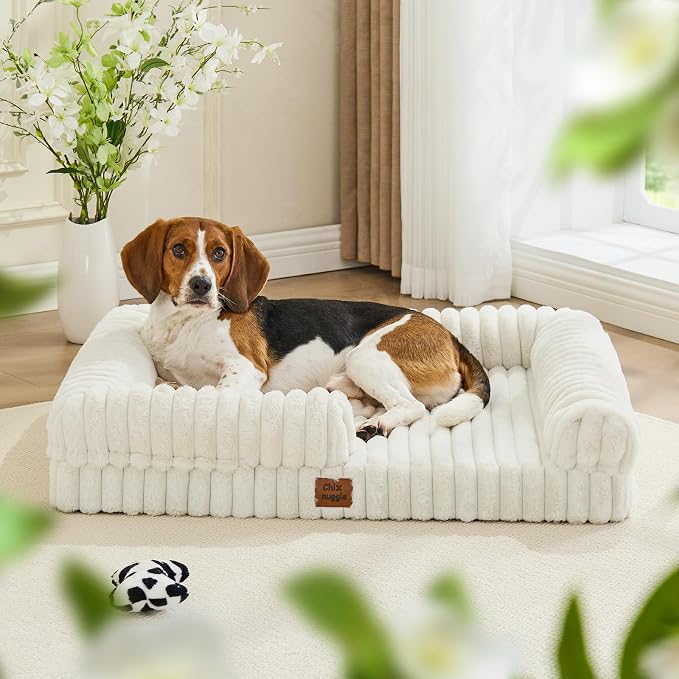 Orthopedic Dog Bed for Large Dogs, Washable Dog Bed with Faux Rabbit Fur Waterproof Cover, High Density Egg Crate Foam Support with 3-Sided Bolsters for Senior Dogs, Non-Skid Bottom,35x28x7, Cream