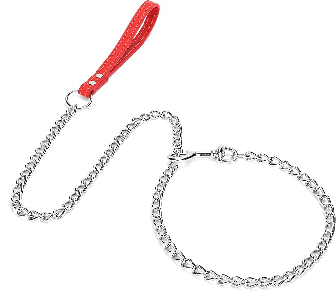 SGODA Chain Dog Leash with Leather Handle 4 Feet Red