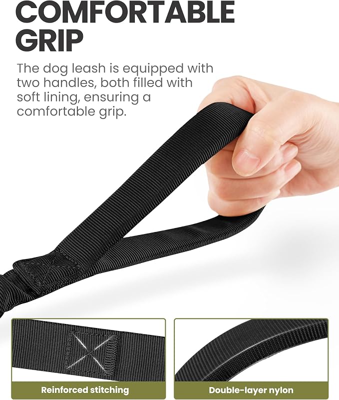 OutdoorMaster Bungee Dog Leash, Heavy Duty Dog Leash with Shock Absorption, 2 Padded Handles Training Leash, Improved Dog Safety and Comfort - Black Upgraded, 6 FT