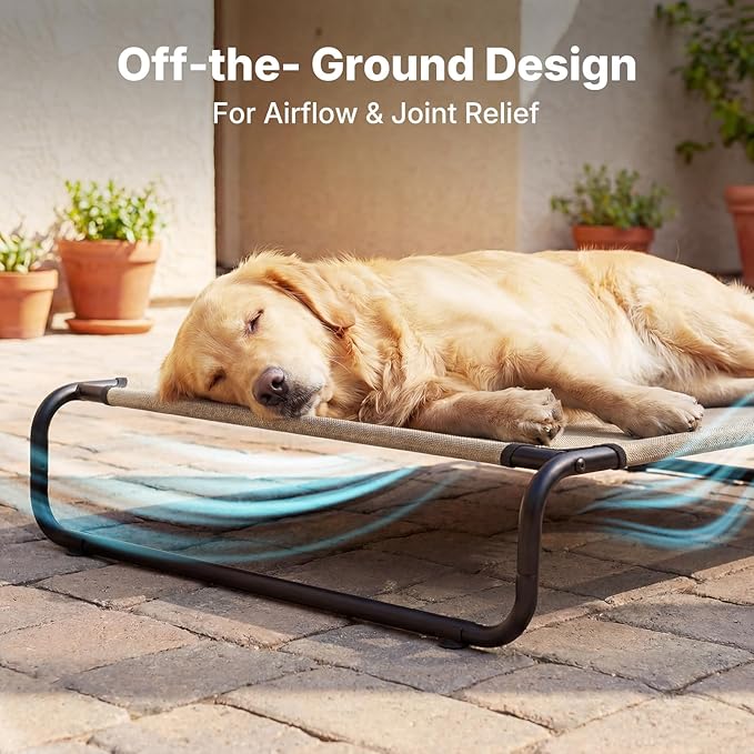 Veehoo Cooling Elevated Dog Bed, Outdoor Dog Bed for Large Dogs, Raised Dog Cot with Thickened Frame, Durable Teslin Mesh & Anti-Slip Rubber Feet, Pet Hammock for Indoor or Camping, 45" x 30", Beige