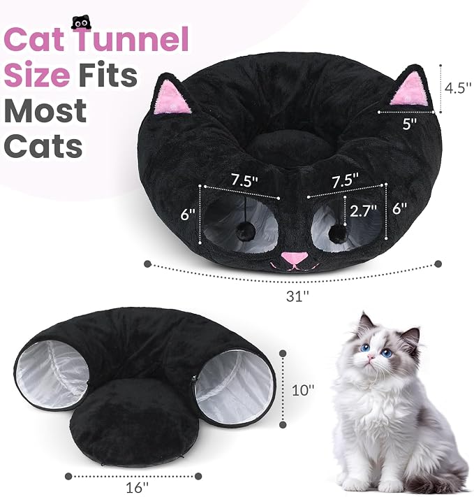 Cat Tunnel Bed for Indoor Cats, Peekaboo Cat Cave with Washable Soft Play Mat, Furry Cat Tube, for Kitten/Puppy/Rabbit, Kitten Series Black Pink