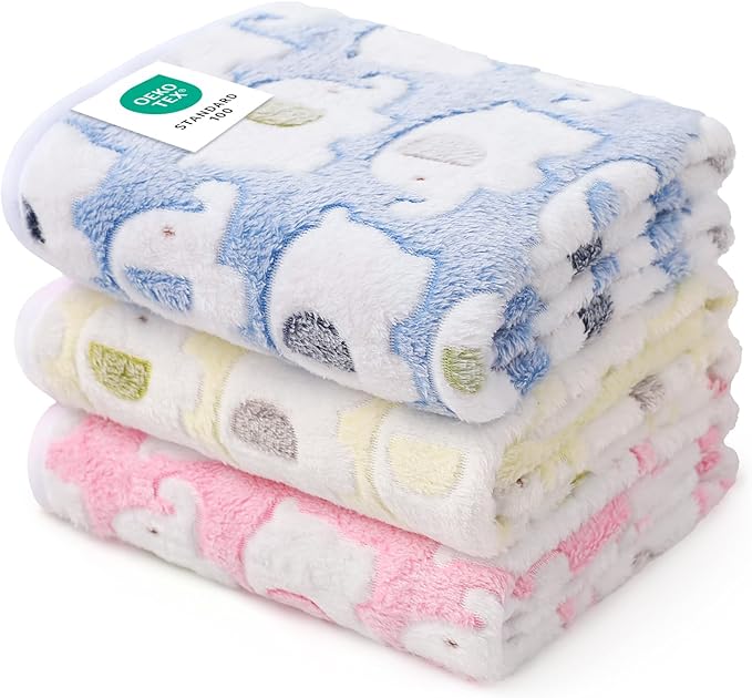 1 Pack 3 Blankets Super Soft Fluffy Premium Cute Elephant Pattern Pet Blanket Flannel Throw for Dog Puppy Cat Blue/Pink/Yellow Small(23x16 inch)