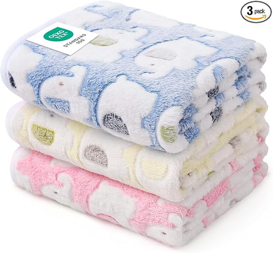 1 Pack 3 Blankets Super Soft Fluffy Premium Cute Elephant Pattern Pet Blanket Flannel Throw for Dog Puppy Cat Blue/Pink/Yellow Medium(30x20 inch)