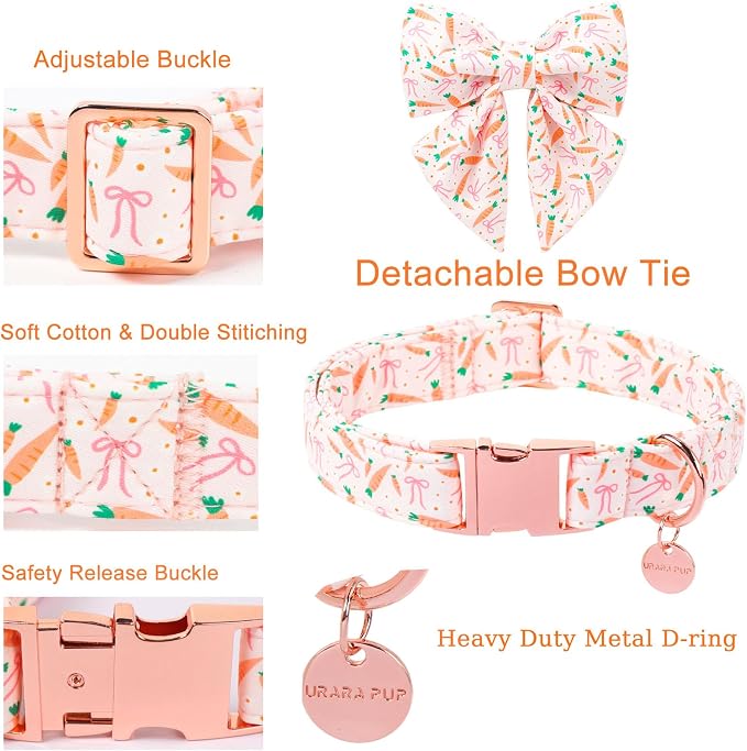 Easter Dog Collar with Bow Tie, Cotton Bunny Bowtie for Large Girl Boy Dog, Cute Rabbit Pet Collar with Metal Buckle, Gift, XS