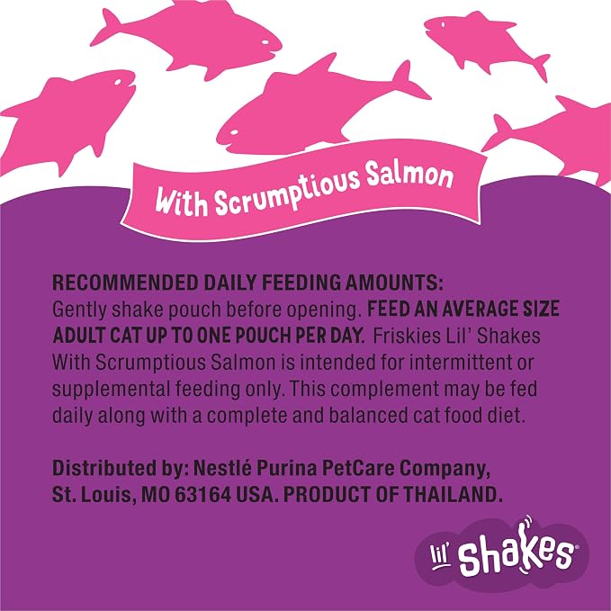 Purina Friskies Pureed Cat Food Topper, Lil’ Shakes With Scrumptious Salmon Lickable Cat Treats - (Pack of 16) 1.55 oz. Pouches