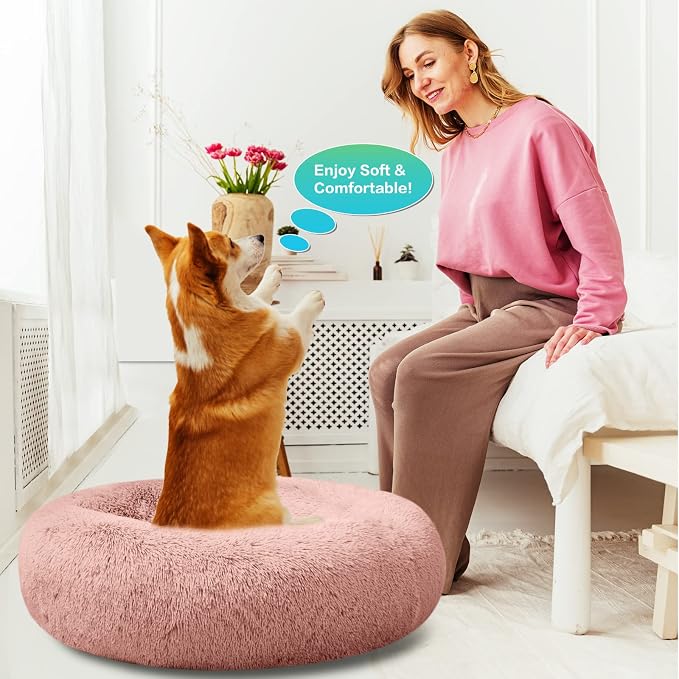 SAVFOX 30 inches Calming Donut Dog Bed - 3X Durable Plush Faux Fur, Machine Washable & Non-Slip, Fits up to 45 lbs, Pink