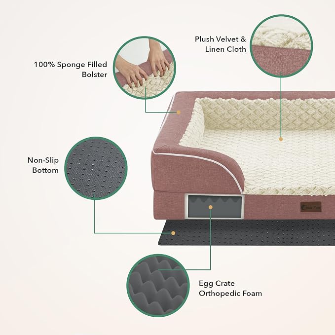 Orthopedic Dog Beds for Large Sized Dogs 35x22 Inch, Medium Waterproof Egg Crate Foam Dog Sofa Bed with Removable Washable Cover Pet Couch with Bolster Side & Non-Slip Bottom, Pink