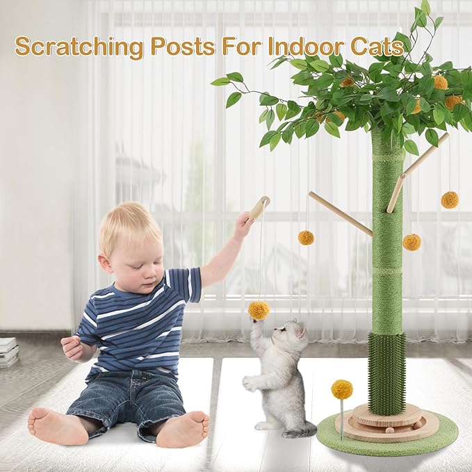 Cat Scratching Post, 45 Inch Tall Cat Scratcher Tree for Indoor Cats Adults with Natural Sisal Rope, Large Scratching Posts with Rubber Brush, 3-Layer Solid Wood Base and Balls Track Toy