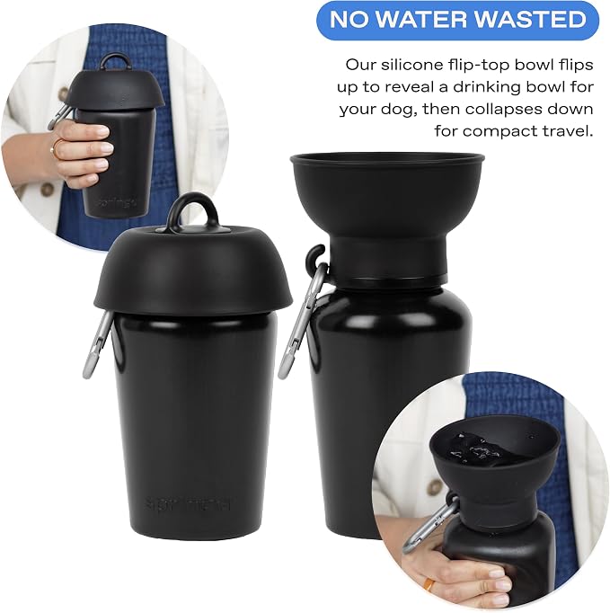 Springer Flip Dog Water Bottle | Portable Drinking Feeder with Foldable Food-Grade Silicone Bowl | One-Hand Squeeze & Leak-Proof | BPA-Free 20oz | Walking, Hiking & Camping | Puppy Essentials