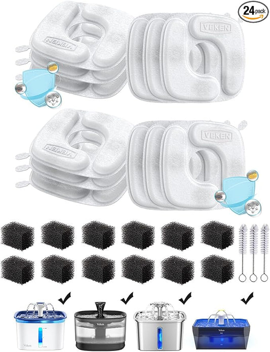 Veken Cat Water Fountain Filters, 12 Pack Replacement Filters & 12 Pack Replacement Pre-Filter Sponges Set for 50oz, 84oz, 95oz or 108oz Automatic Pet Fountain Dog Water Dispenser