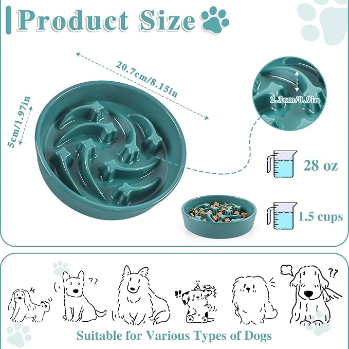 Ceramic Slow Feeder Dog Bowls, 2 Cups Dog Food Dish for Medium and Large Breed, Puzzle Dog Food Bowl for Fast Eater, 28OZ, 8.15 inch(Dark Green)