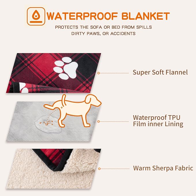 Waterproof Dog Blankets, 30"x40" Cat Blanket for Indoor Cats, Soft Fluffy Sofa Car Bed Protector, Reversible Sherpa Fleece Puppy Blanket for Small Medium Dogs Christmas Decor(Paw Red)