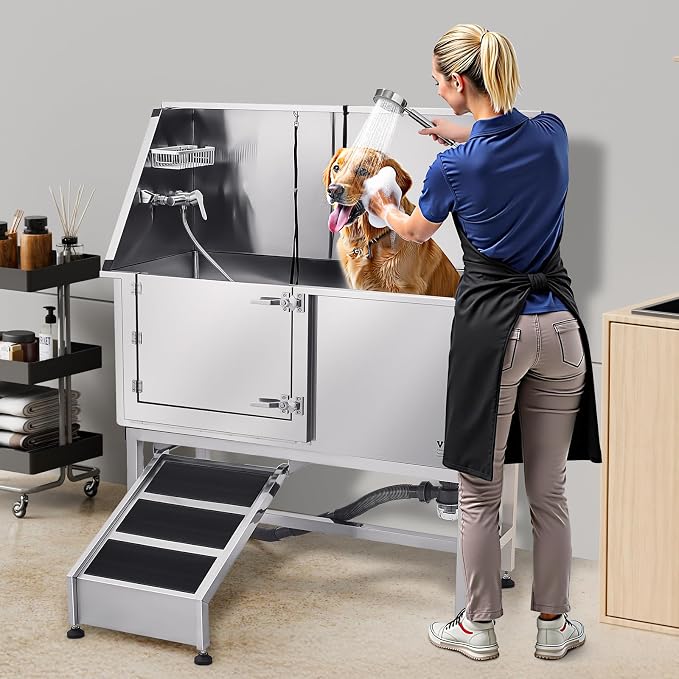 VEVOR Stainless Steel Dog Washing Station, Professional 62 inch Pet Grooming Tub w/Ramp, PE Water Filter Board, Faucet & Showerhead & Soap Holder Bathtub for Large & Medium & Small Pets (Left Door)
